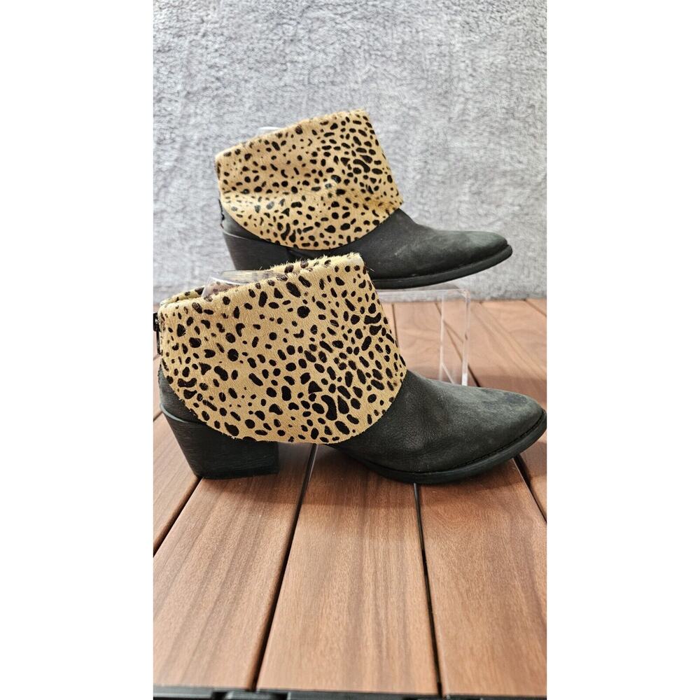 ALL BLACK Leather Ankle Booties Boots Leopard Calf Skin Fold Down‎ EU 39 US 8.5